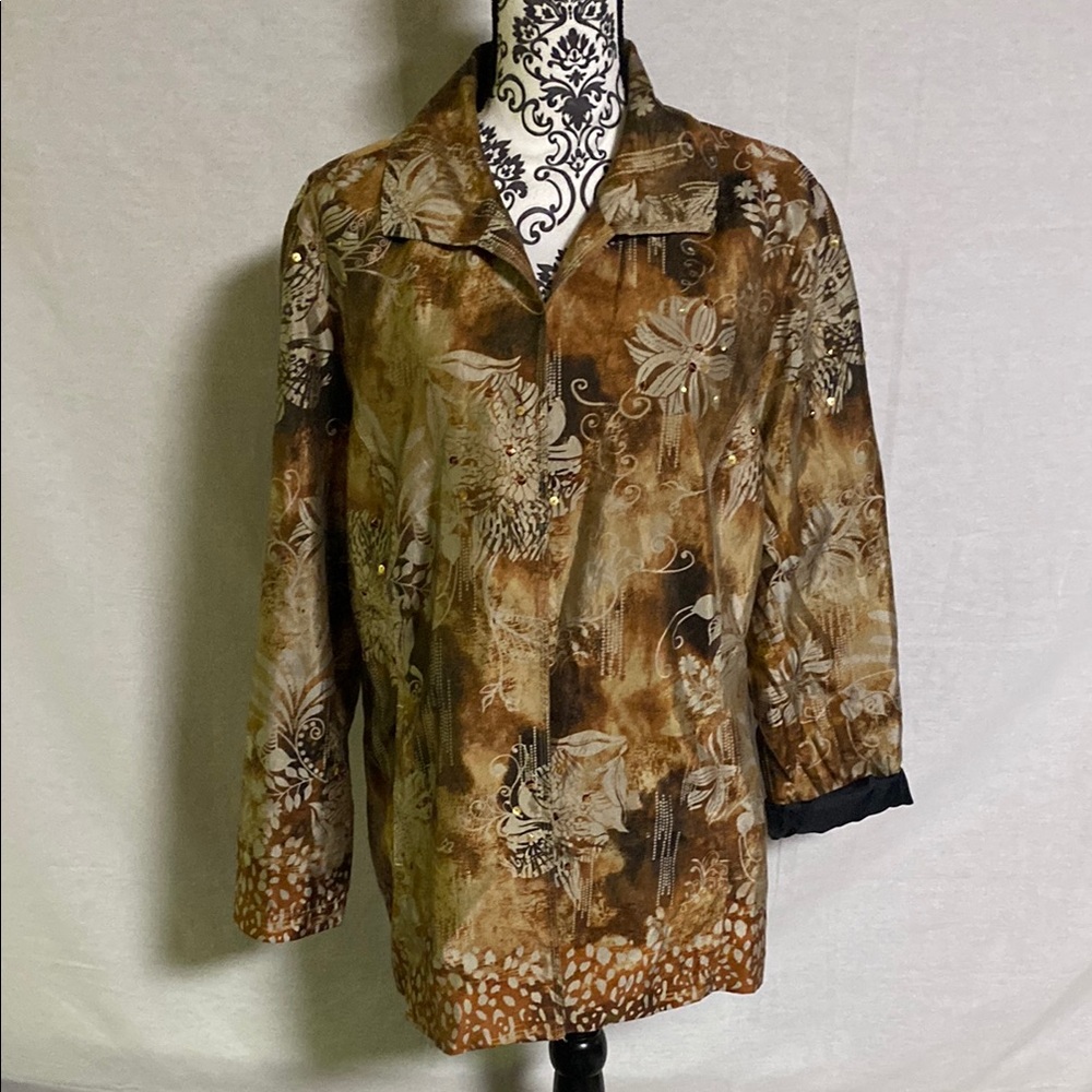 Chico's Brown and Cream Blazer with Long Sleeves Silk Vintage Good Condition